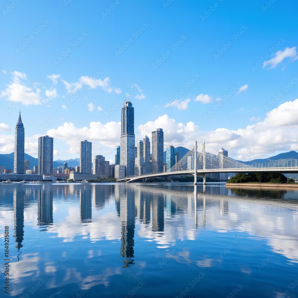 Fototapeta premium Modern Cityscape with Skyscrapers and Bridge Over Calm Water
