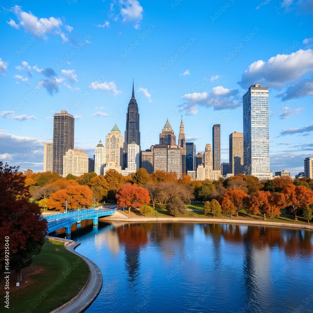 Obraz premium Cityscape with Modern Skyscrapers and Autumnal Park Reflections