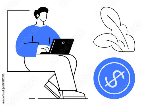 Person typing on a laptop, dollar sign icon representing finance, and a leafy plant accent. Ideal for remote work, freelancing, finance management, productivity, investment, modern lifestyle simple