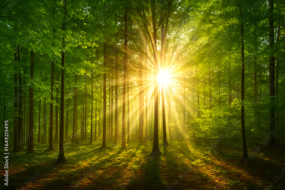 Obraz premium Golden Sunrise Filtering Through Peaceful Green Forest Trees