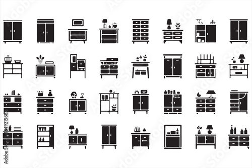 Sleek Black Storage Icons - Cabinets, Drawers, and More