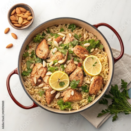 Homemade Lemon Herb Chicken and Orzo Pilaf with Toasted Almonds.