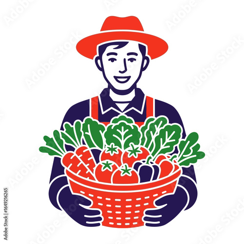 Farmer's Bounty: A smiling farmer proudly holds a basket overflowing with freshly harvested, vibrant vegetables, embodying the essence of agricultural abundance and the joys of organic gardening.