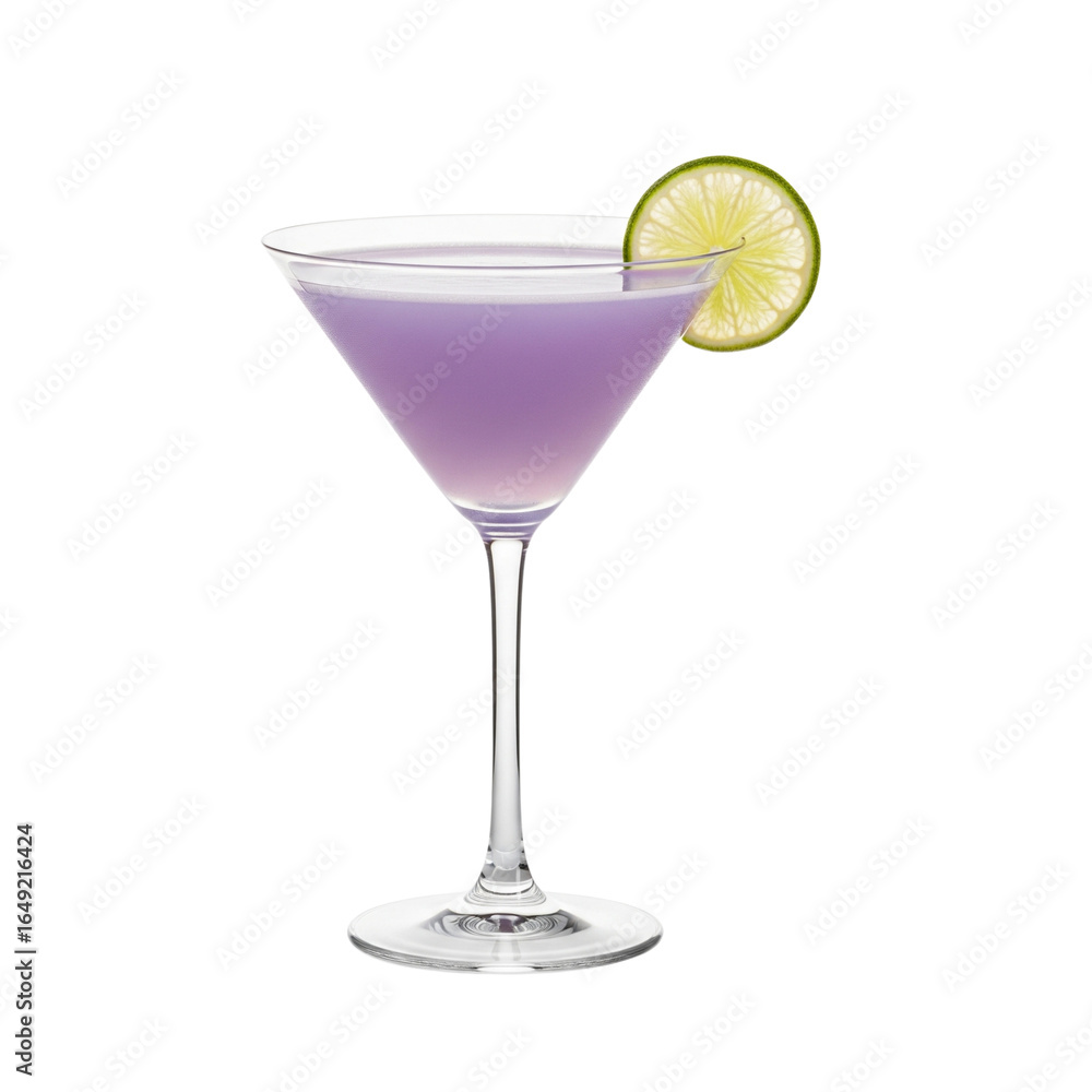 A refreshing purple martini garnished with a lime slice A refreshing purple martini garnished with a lime slice