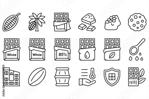 Chocolate Factory Icons – Beans, Bars, Cookies, and Industry