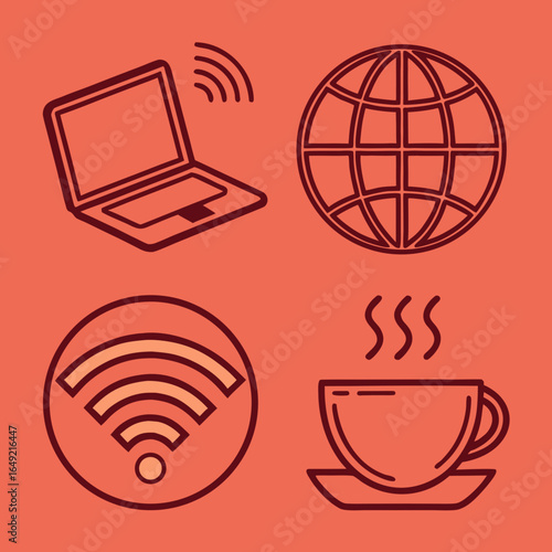 Digital nomad lifestyle icons laptop globe wi fi and coffee