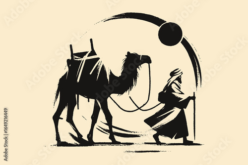 Camel and Bedouin silhouette ink brush style vector illustration