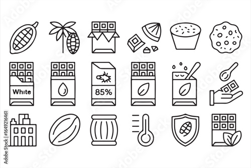 Sweet and Chocolate Product Icons – Cocoa Beans, Bars, Cookies, and More