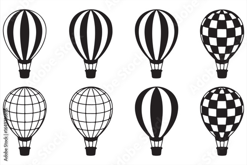 Black and White Hot Air Balloon Icons for Travel, Tourism, and Adventure