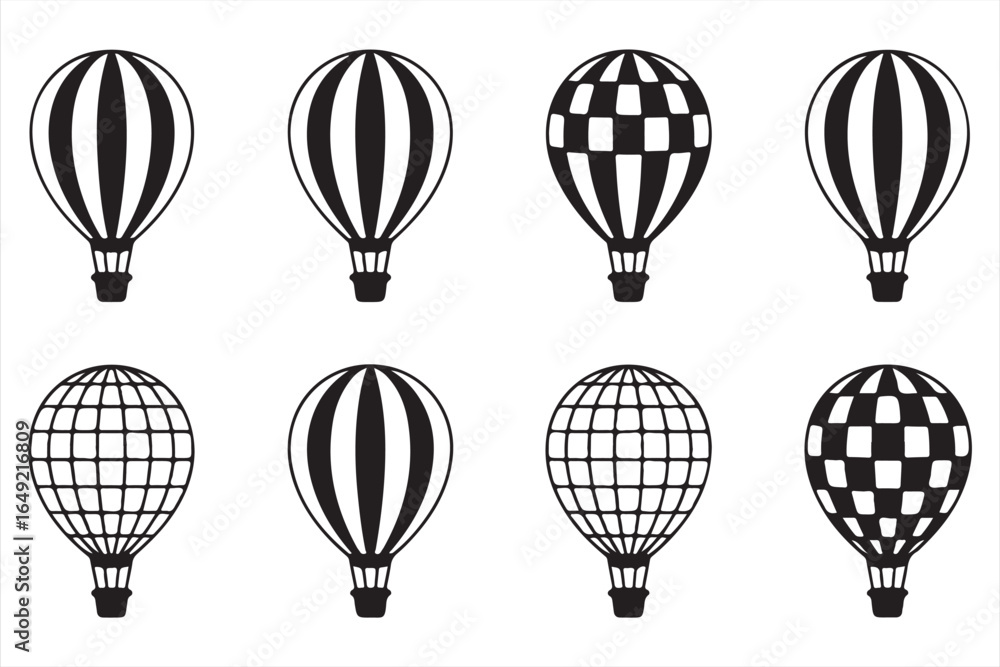 Naklejka premium Set of Black and White Hot Air Balloon Icons in Striped and Checkered Designs