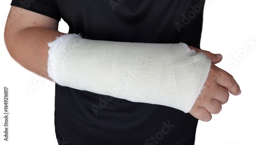 A plaster cast to the right wrist due to a fracture. isolated on white background
