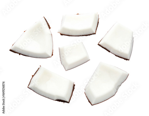 A pile of fresh coconut chunks, isolated on a white background, representing a tropical and versatile ingredient.