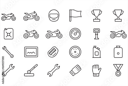 Motorcycle Racing Vector Icons – Helmet, Flag, Trophy, and Tools