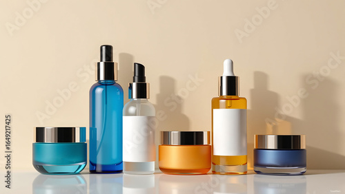 Elegant Skincare Product Lineup A Stylish Collection of Bottles and Jars Featuring Serum, Oil, and Cream with Reflective Surfaces and Shadows Under Warm Lighting