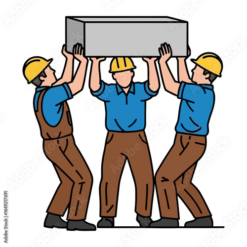 Construction Workers Collaboration: A team of diligent construction workers work together to lift a heavy concrete block in this illustrated representation.