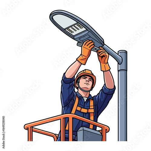 Technician installing LED streetlight: A skilled technician, wearing protective gear, meticulously installs a state-of-the-art LED streetlight.