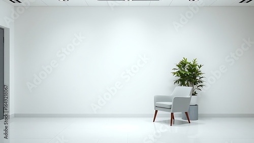 An elegant reception area featuring a single chair and a decorative plant against a clean white wall.