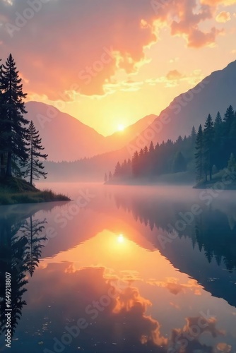 Serene sunrise over a tranquil lake, mist gently rising, creating a magical, ethereal atmosphere Perfect for calming backgrounds, travel, nature, or wellness themes , magical, picturesque