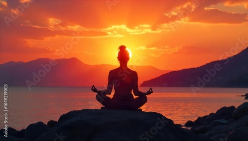 Silhouette of a meditating figure at sunrise, achieving inner peace and spiritual enlightenment A journey towards self-discovery and higher consciousness , serenity, purpose, universe