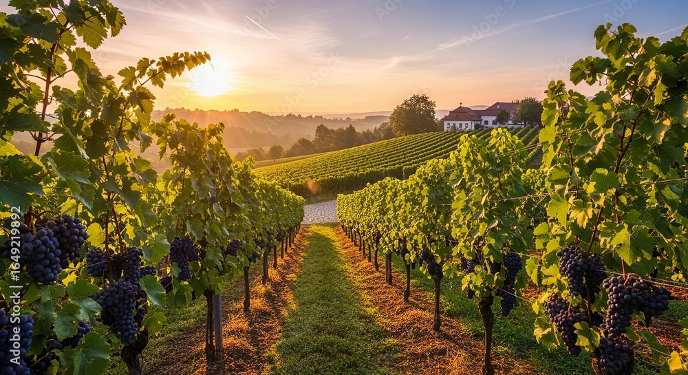 Fototapeta premium Vineyard landscape with rows of grape vines at sunset, showcasing the beauty of viticulture and the promise of fine wine production