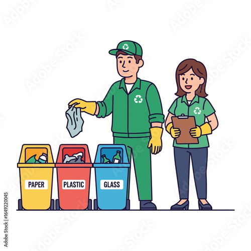 Waste Management Team: A dedicated waste management team conscientiously sorts recyclable materials into distinct bins, championing eco-responsibility and sustainability.