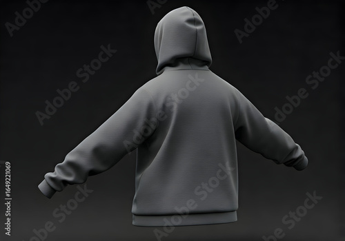 A classic grey hooded sweatshirt back view ideal for digital fashion mockups 3D apparel presentations virtual clothing displays and graphic design projects
