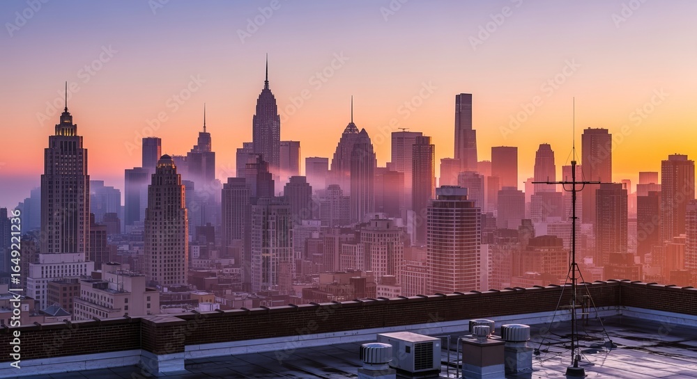 Fototapeta premium Skyline of a modern city at sunset with skyscrapers and rooftop details, creating a vibrant urban landscape with a sense of scale and grandeur