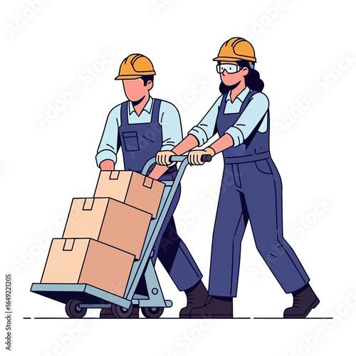 Teamwork in Action: Illustrative representation of two workers, coordinating to transport cardboard boxes using a hand truck, epitomizing efficiency and collaboration in a delivery context.