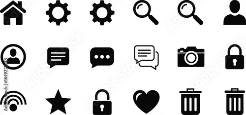 A collection of black and white vector icons representing various functions on a light background