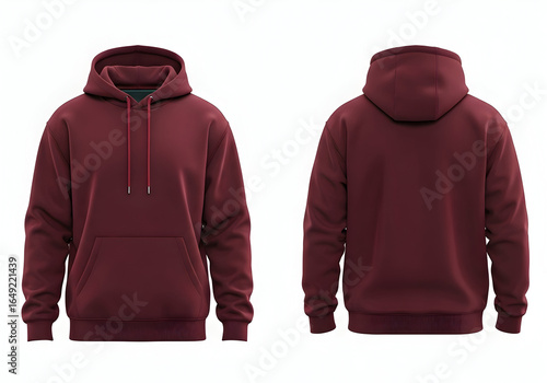 This blank maroon hoodie showcases front and back views. Its casual style is ideal for custom designs everyday wear and comfortable layering. A versatile garment for any wardrobe.