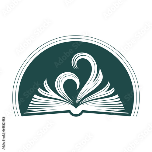 An elegant and simple logo of an open book with stylized pages, set within a classic arched frame shape, vector illustration design