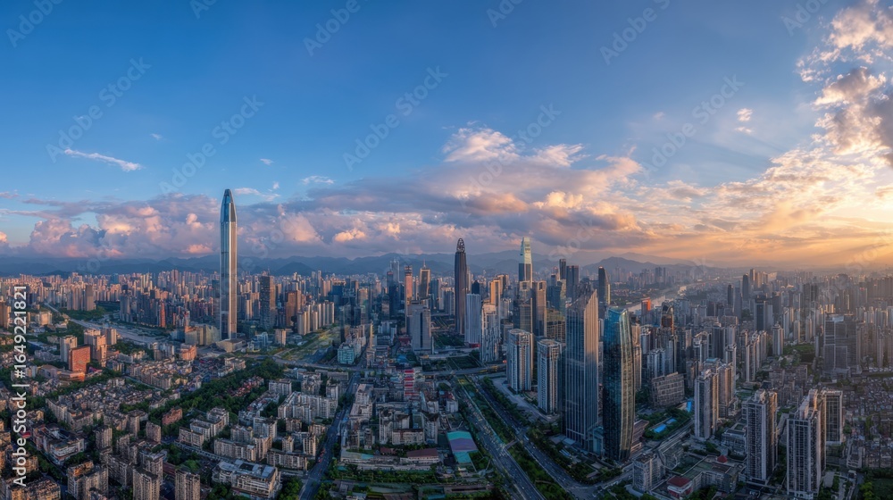 Fototapeta premium Stunning aerial view of a modern city skyline at sunset with vibrant clouds and ocean in the background.
