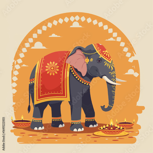 Illustration of a single elephant decorated for Diwali parade