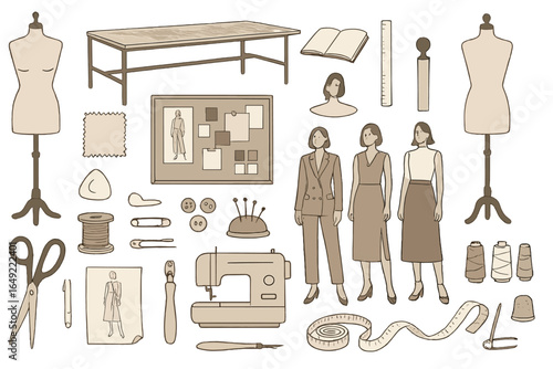 Creative workspace for fashion designing featuring sewing tools, dress forms, and design materials