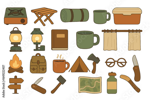 Camping essentials including gear, tools, and items for outdoor adventures in nature