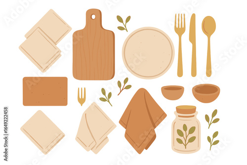 Kitchen table setting with wooden utensils and linen napkins arranged neatly for a home-cooked meal