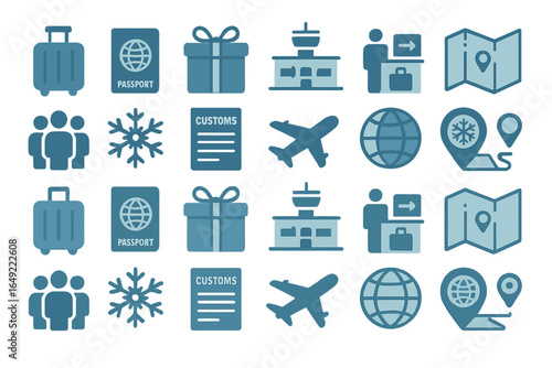 Travel symbols and icons representing airport experience, customs, and luggage for efficient journey planning