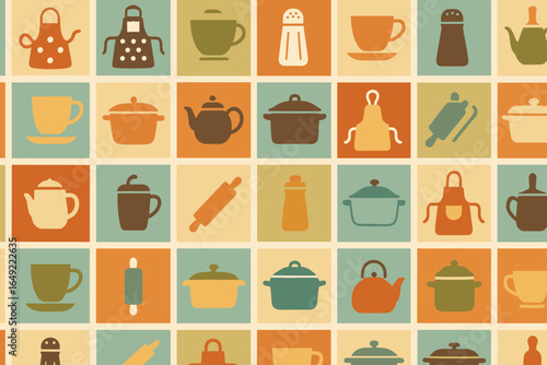 Variety of kitchen utensils and cookware arranged in a colorful grid pattern showcasing cooking essentials and home kitchen tools