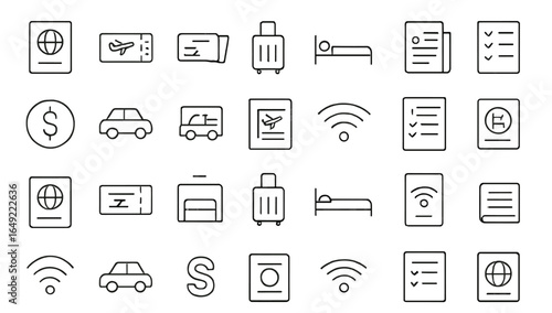 Travel icons representing essential elements of a journey including transportation, accommodation, and planning materials