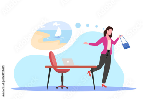 woman runs away from office with dreams vacation office interior dreaming character about summer beach vacation woman thought bubble cartoon illustration concept