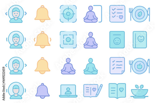 Collection of icons representing mindfulness, notifications, and meal planning in pastel colors for digital applications