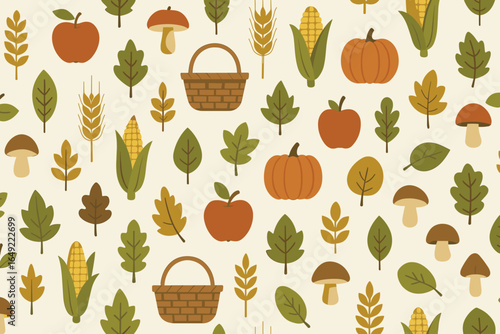Vibrant fall-inspired pattern featuring fruits, vegetables, and foliage creating a warm seasonal atmosphere