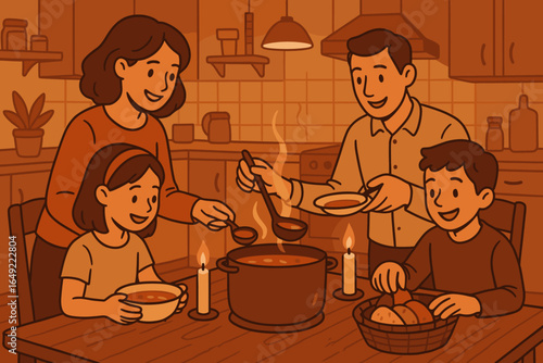 Family enjoys a warm meal together in a cozy kitchen during a quiet evening at home