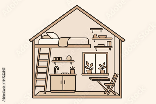 Cozy indoor space with loft bed and minimalistic design showcasing functional furniture and natural elements
