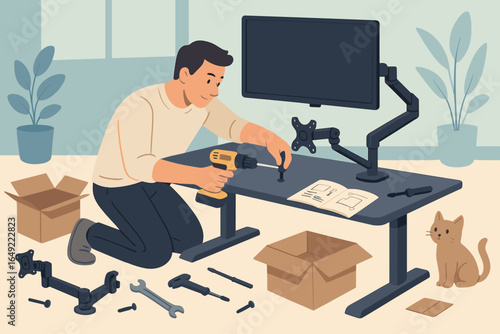 Man assembling a monitor stand at home while a cat observes nearby in a well-lit living room