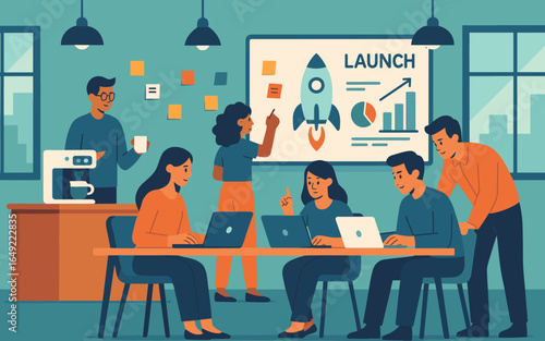 Team brainstorming in a modern office setting for product launch presentation with coffee station