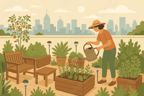 Gardener tending to rooftop plants with city skyline in background during warm afternoon sunlight