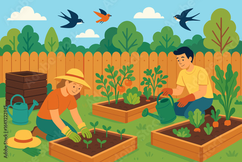 Gardening in a sunny backyard with friends cultivating vegetables and enjoying nature