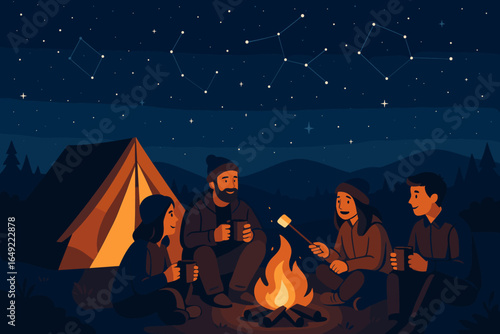 Group of friends enjoying a campfire and stargazing under a clear night sky in a serene outdoor setting
