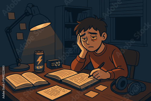 Student studying late at night with energy drink and clock showing time in cozy room